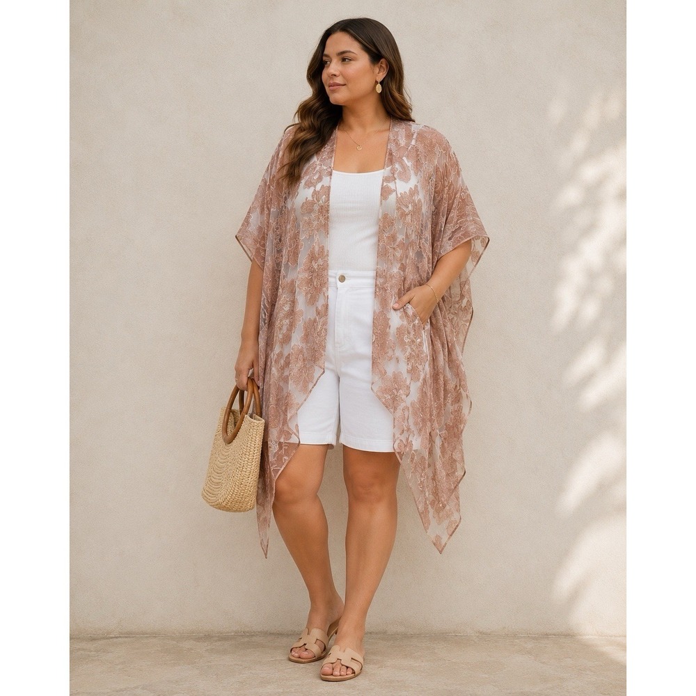 Jessica McClintock Kimono Cover Up Floral Semi Sheer One Size